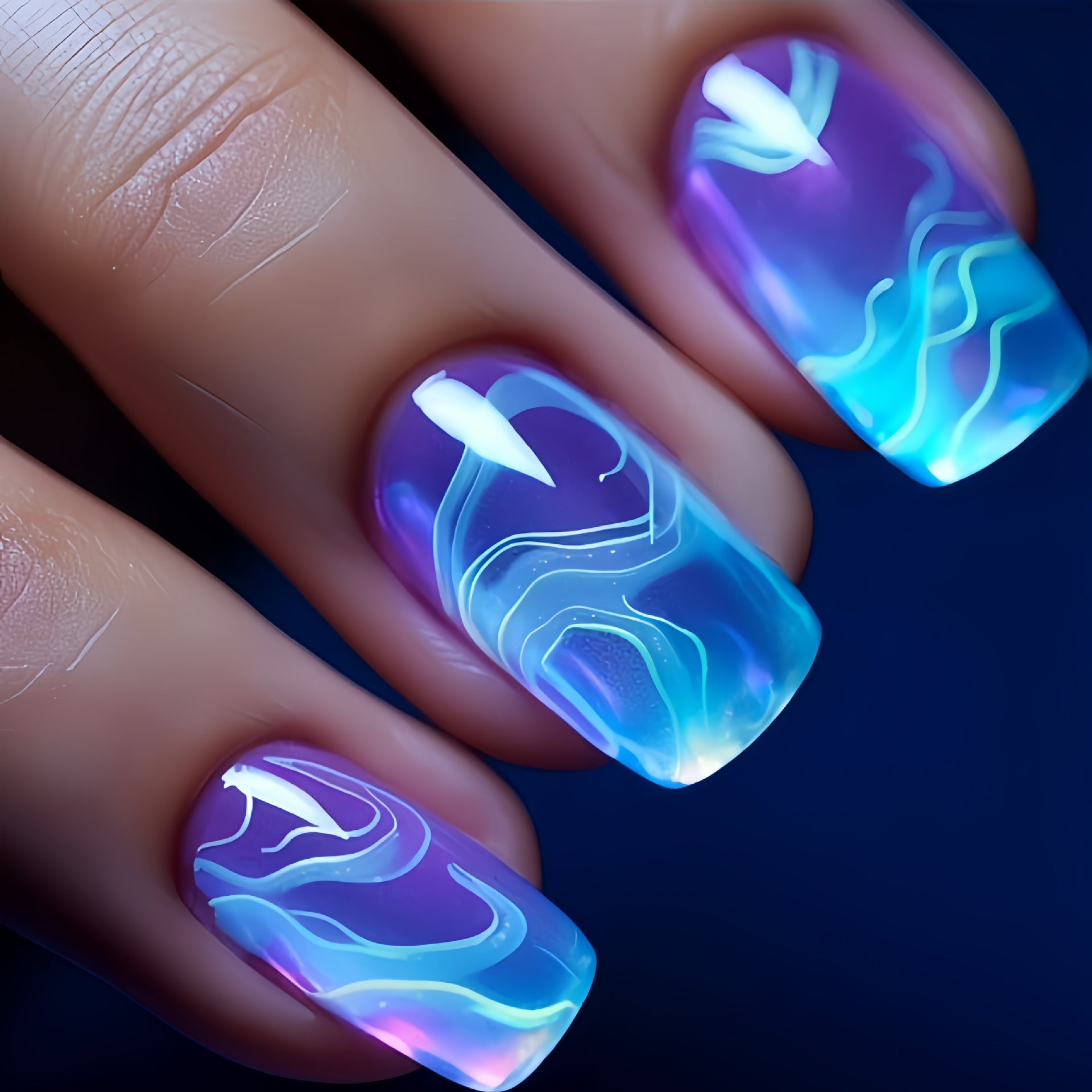 96PCS (4 PACK) Short Press on Nails Square False Nails Medium Length Acrylic Nails Gold Lines Fake Nails Glitter Ombre Glue on Nails Blue to Transparent Gradient Stick on Nails Full Cover Nails for Women